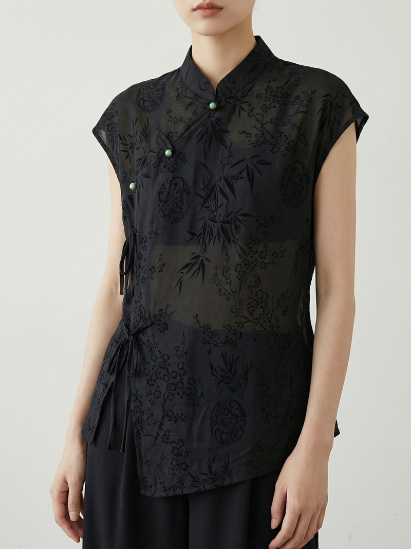 Black Mandarin Collar Jacquard Blouse