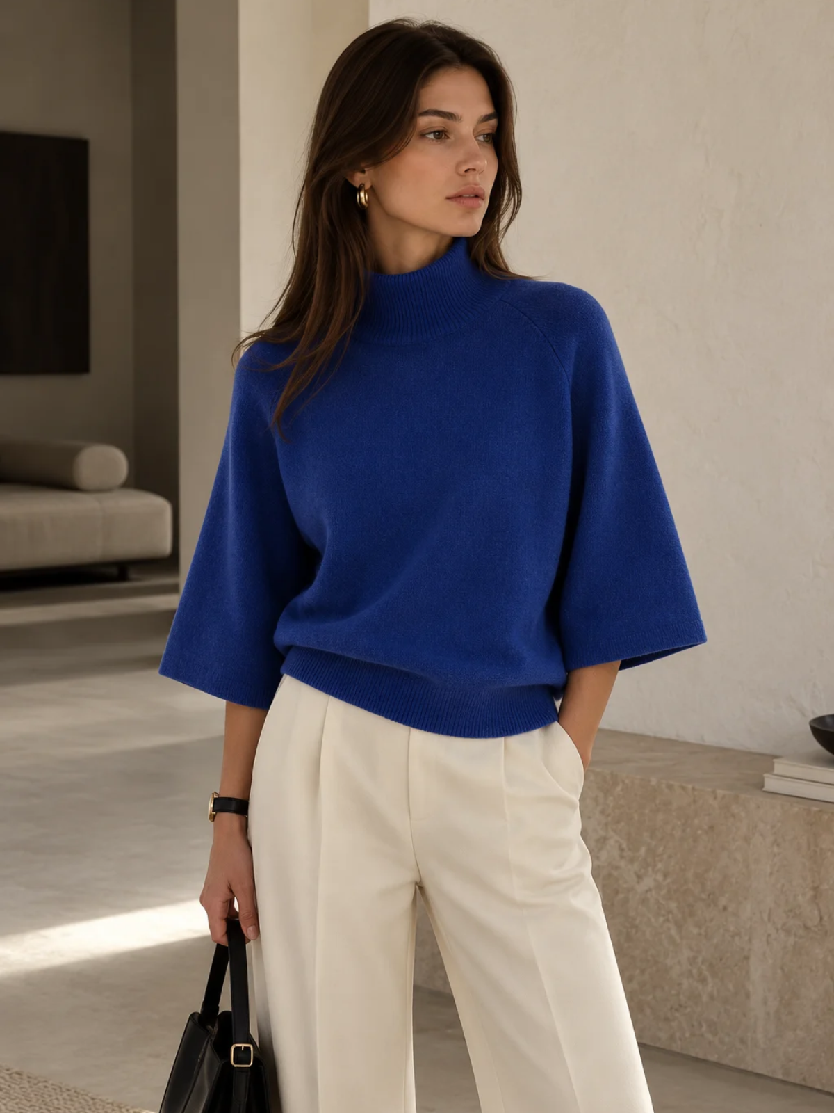 Cobalt Blue Funnel Neck Wide Sleeve Sweater