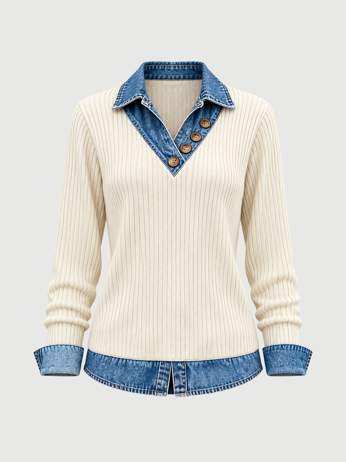 Denim Trim Ribbed V-Neck Knit Top