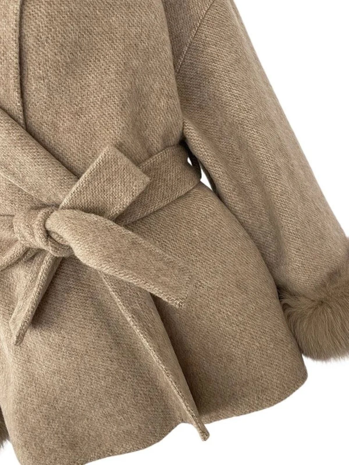 Belted Wool Blend Coat with Fur-Trim Cuffs
