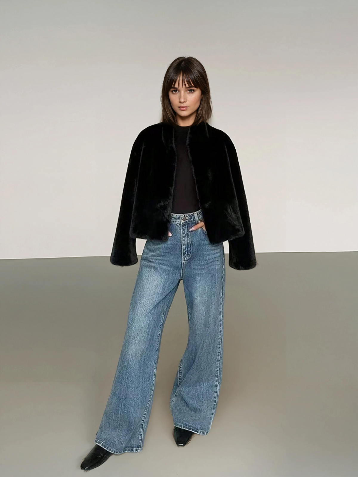 Κομψό μαύρο γούνινο παλτό για γυναίκες με όρθιο γιακά, μακρυμάνικο, κανονική εφαρμογή, χειμερινή γκαρνταρόμπα, απαραίτητο