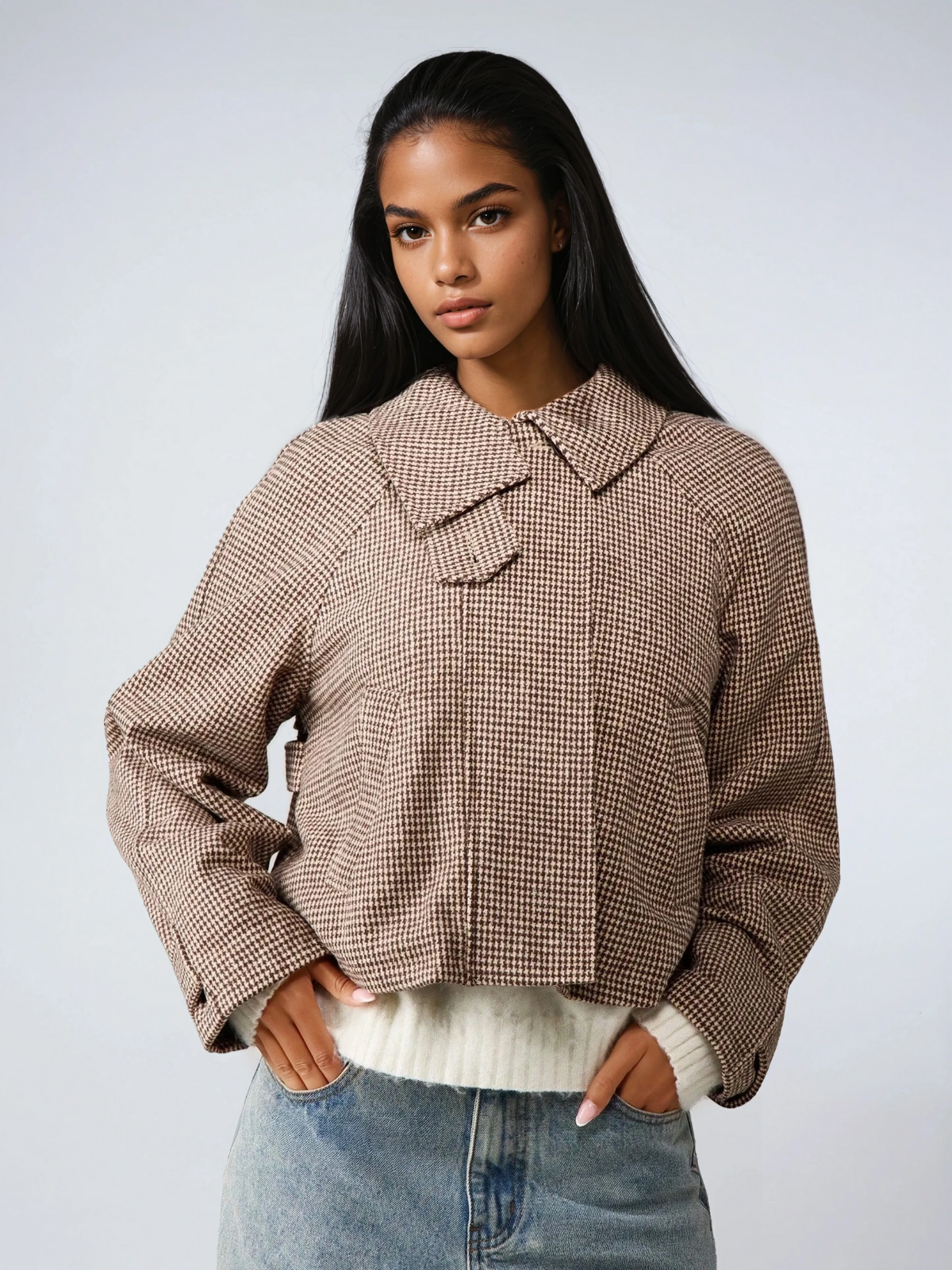 Καπιτονέ μπουφάν με ψηλό γιακά Houndstooth, oversized παλτό για κρύο καιρό