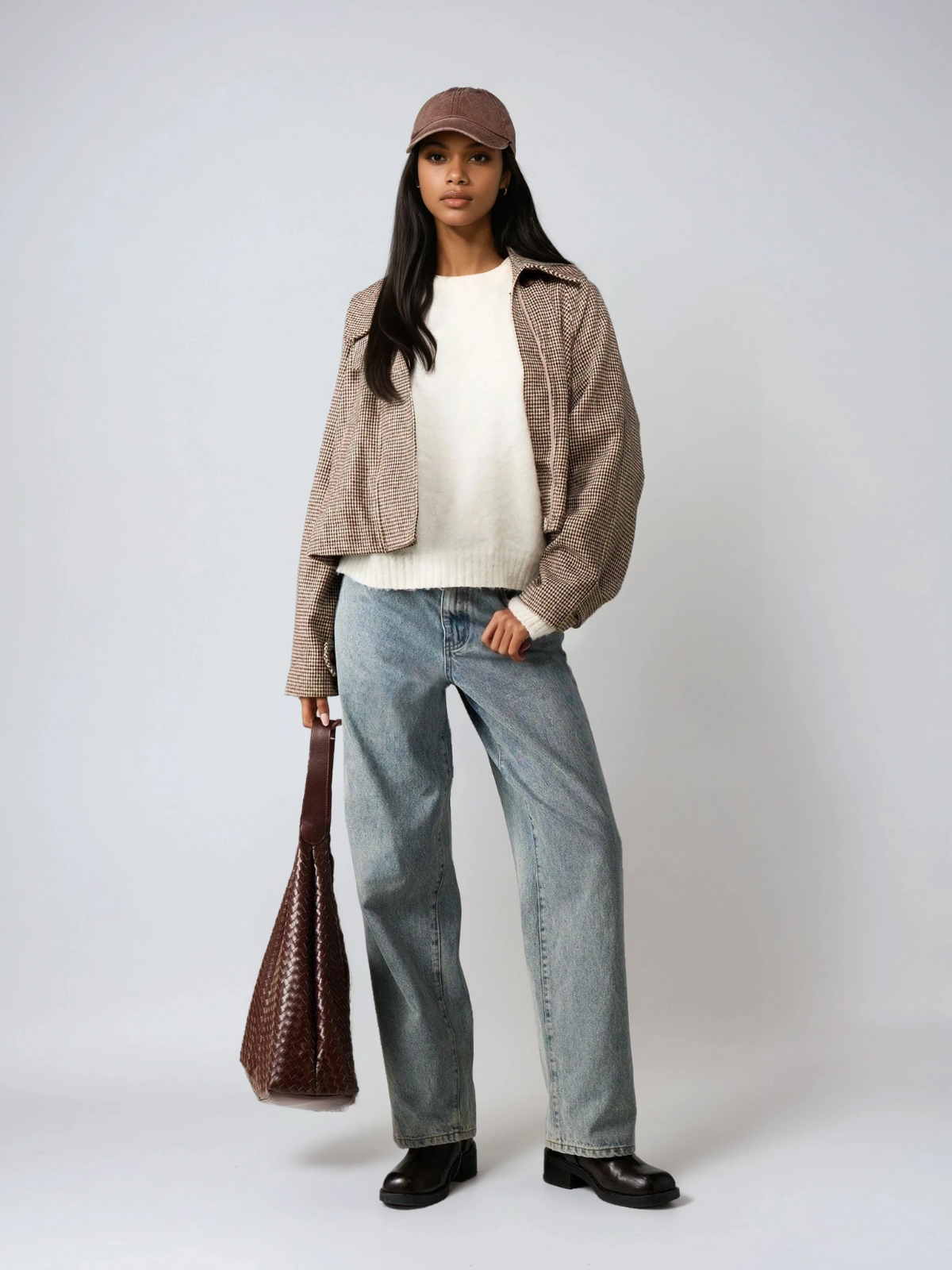 Καπιτονέ μπουφάν με ψηλό γιακά Houndstooth, oversized παλτό για κρύο καιρό