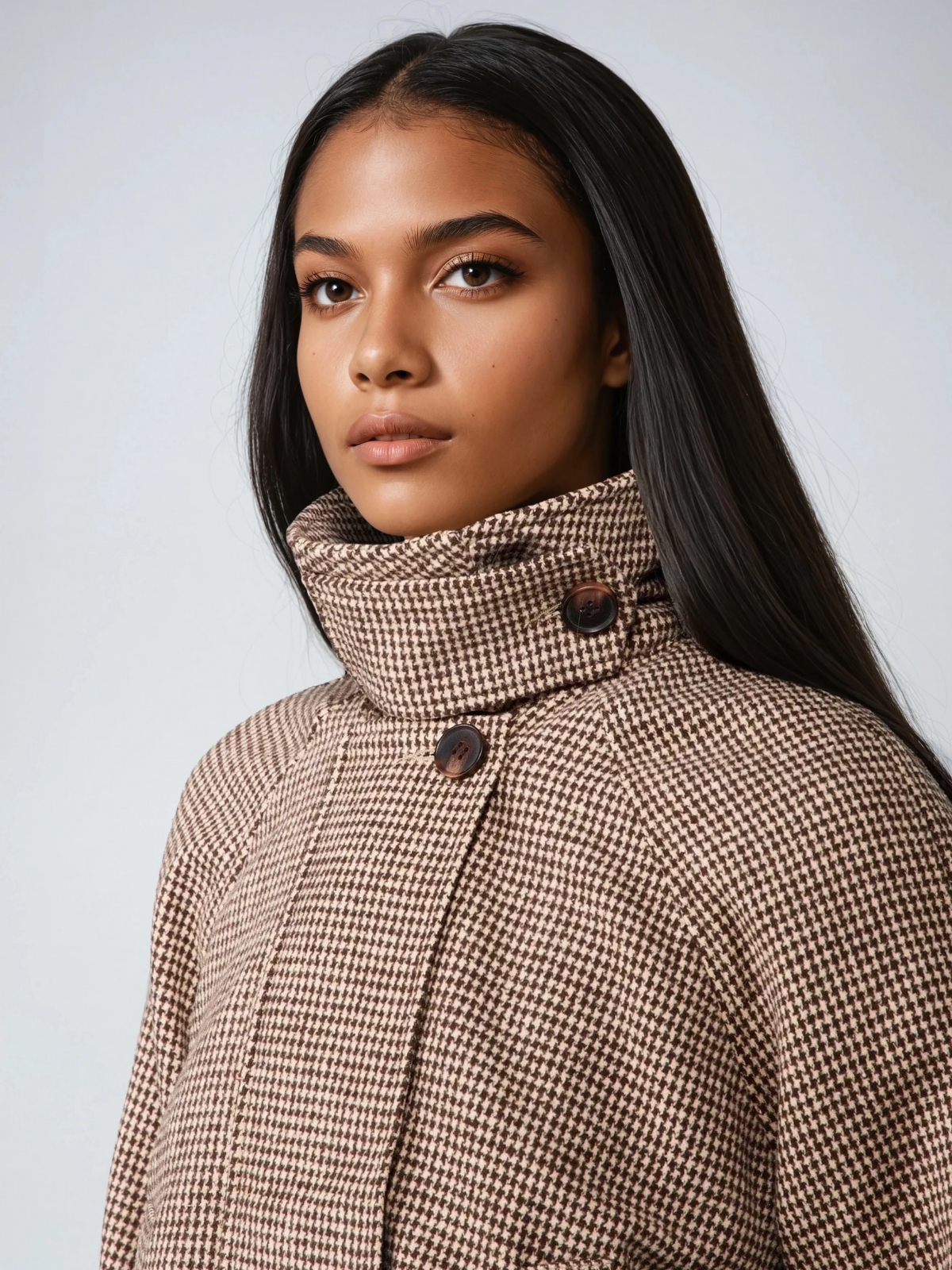 Καπιτονέ μπουφάν με ψηλό γιακά Houndstooth, oversized παλτό για κρύο καιρό