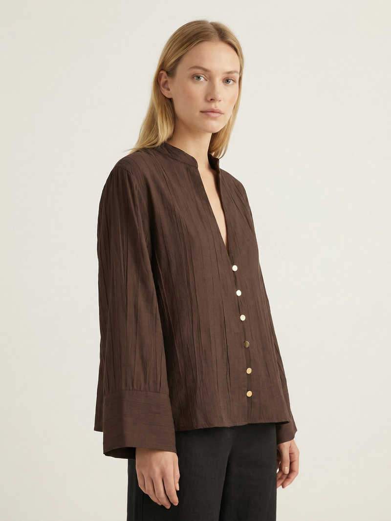 V Neck Buttoned Wide Sleeve Blouse