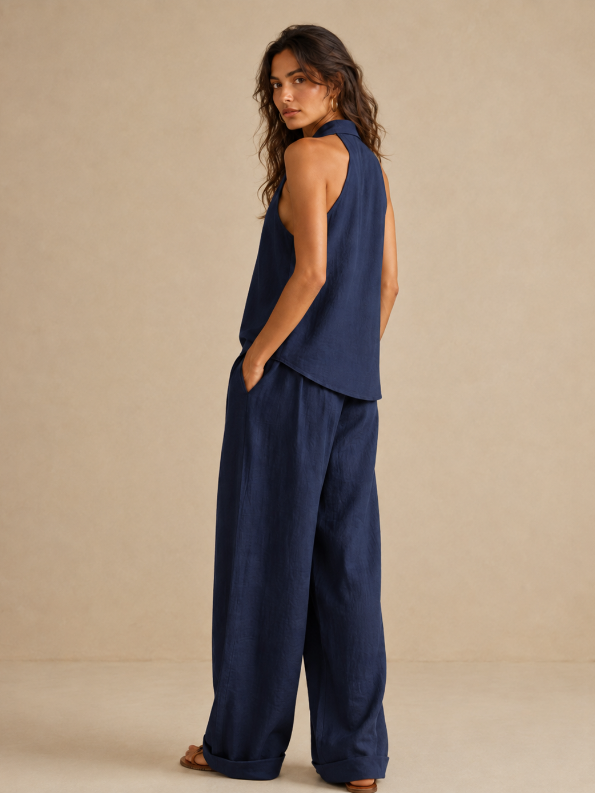Κομψό στυλ Halter Top & Wide-Leg Pants Co-Ord