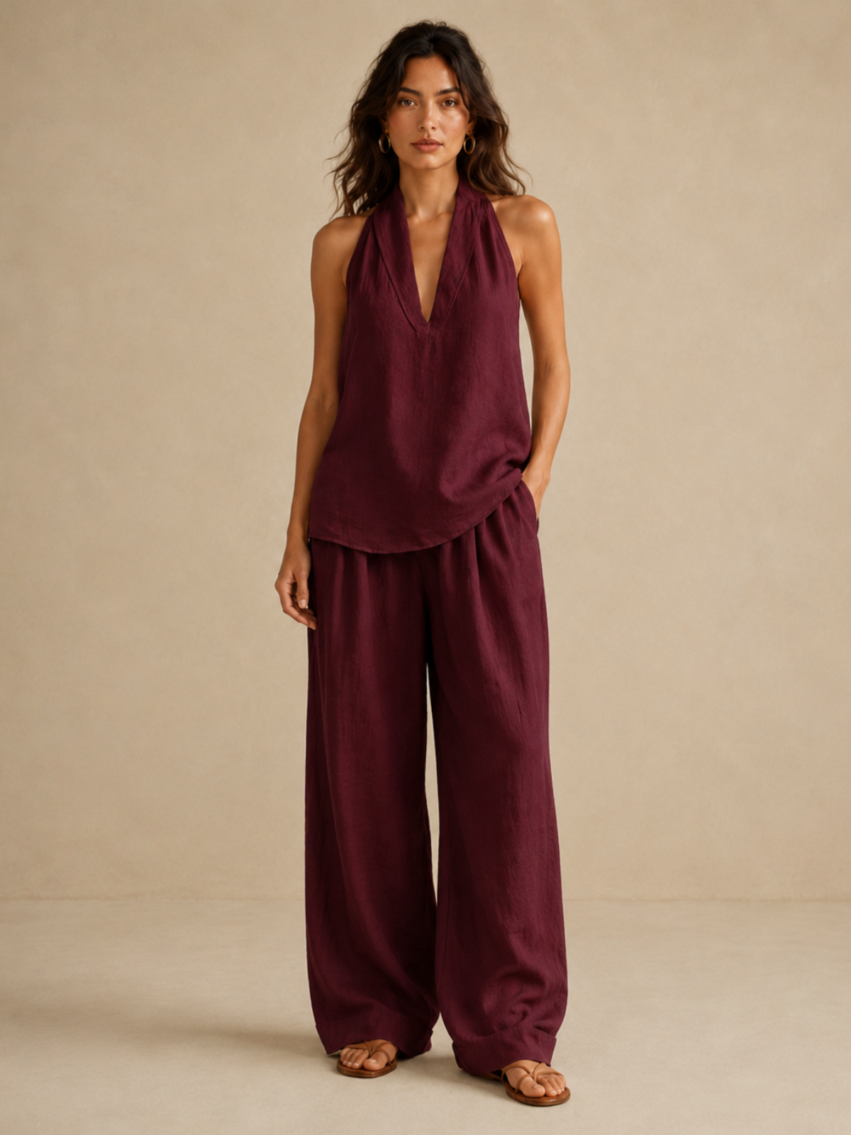 Κομψό στυλ Halter Top & Wide-Leg Pants Co-Ord