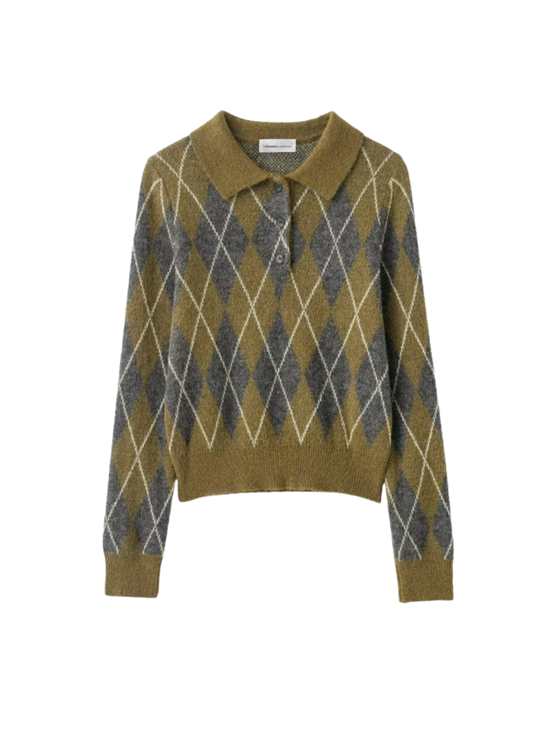 Πλεκτό πουλόβερ με σχέδιο διαμαντιών και μακριά μανίκια με εγκοπές και κουμπιά στο πέτο, κομψό στυλ