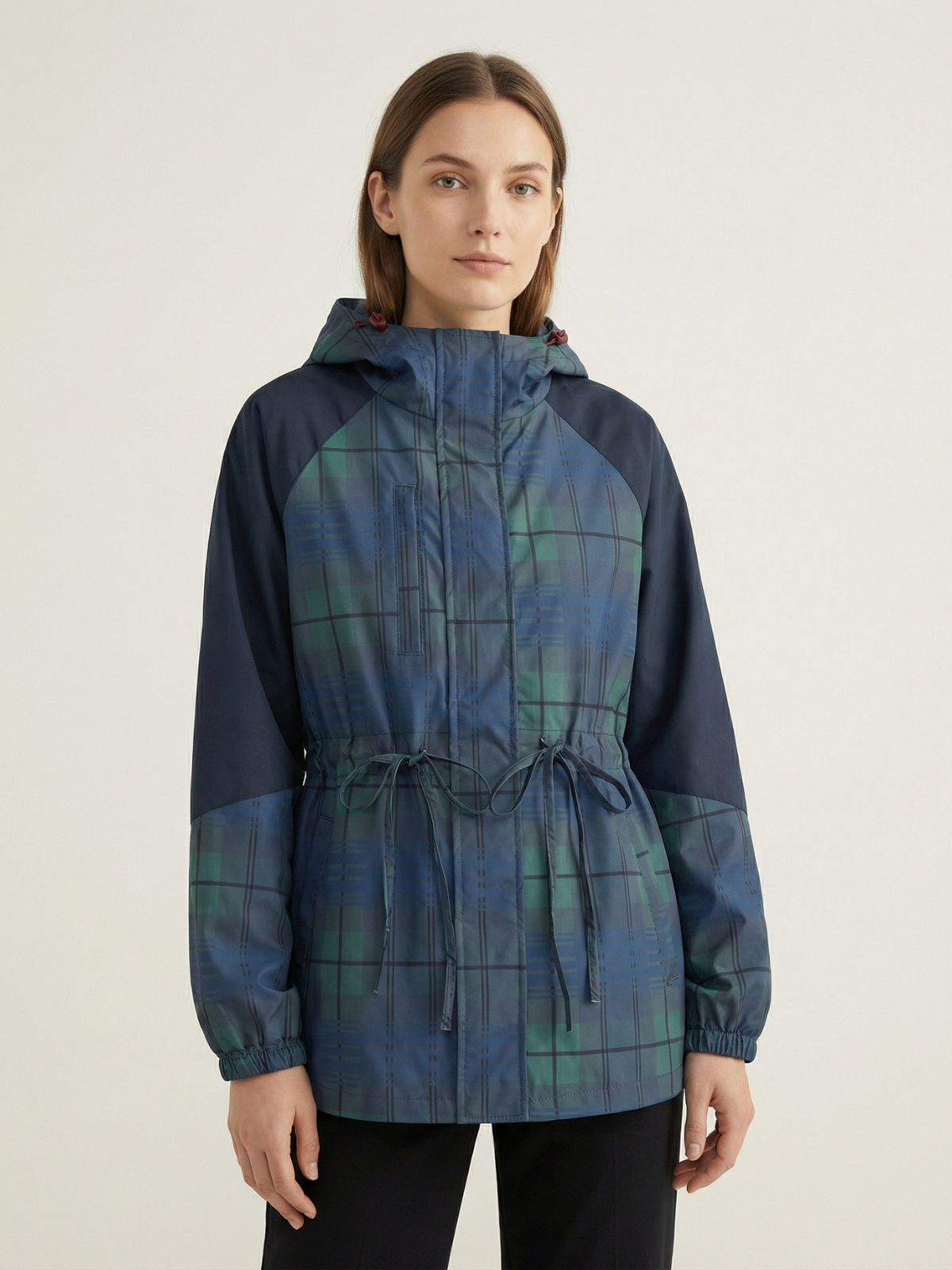 Plaid Hooded Standup Drawstring Windbreaker Jacket